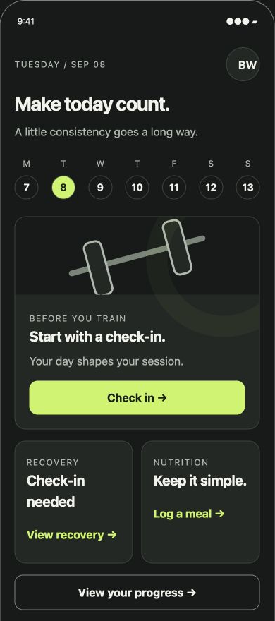 Prototype Today screen with daily check-in, recovery and nutrition cards